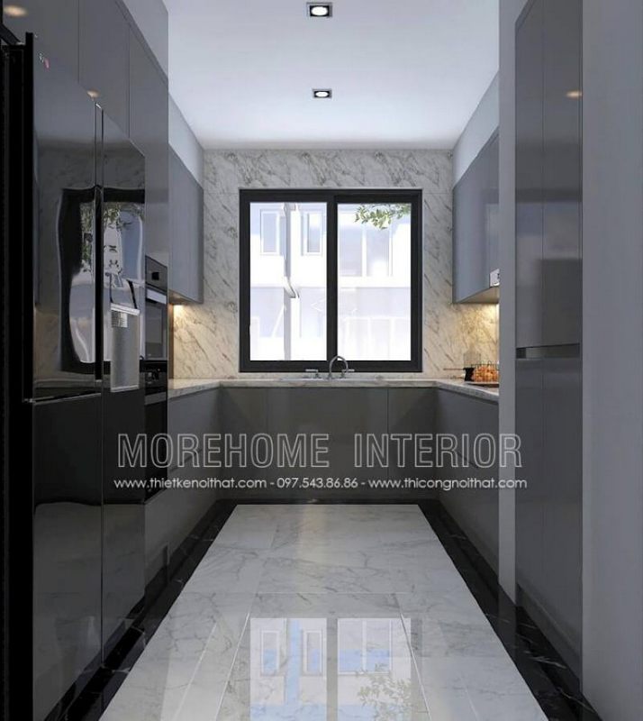 Sử dụng tủ bếp hình chữ U màu xám để trang trí phòng bếp là một ý tưởng tối ưu hóa diện tích sử dụng và có thể lưu trữ những vật dụng cần thiết cho sinh hoạt gia đình ở mọi không gian từ chung cư, nhà phố, biệt thự.